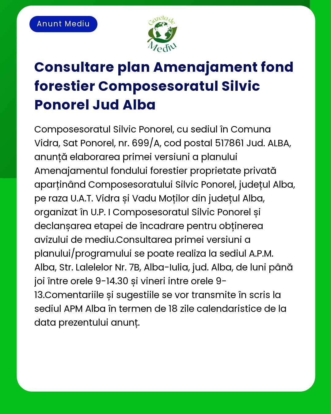 Consultare plan Amenajament fond forestier Composesoratul Silvic Ponor