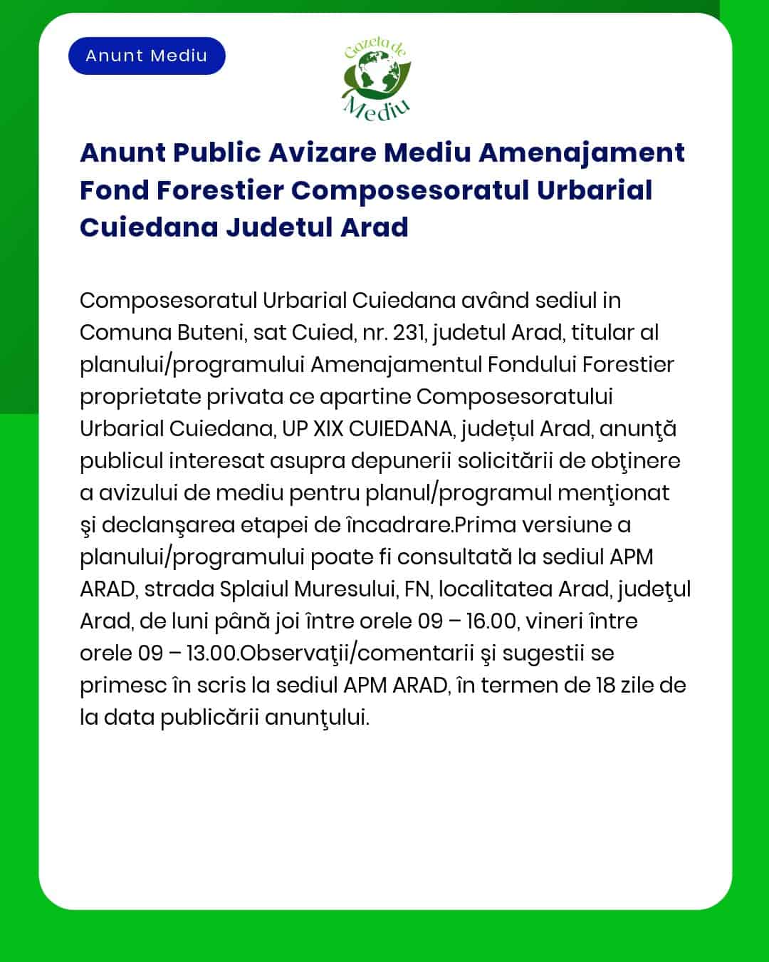 Anunt Public Avizare Mediu Amenajament Fond Forestier Composesoratul U