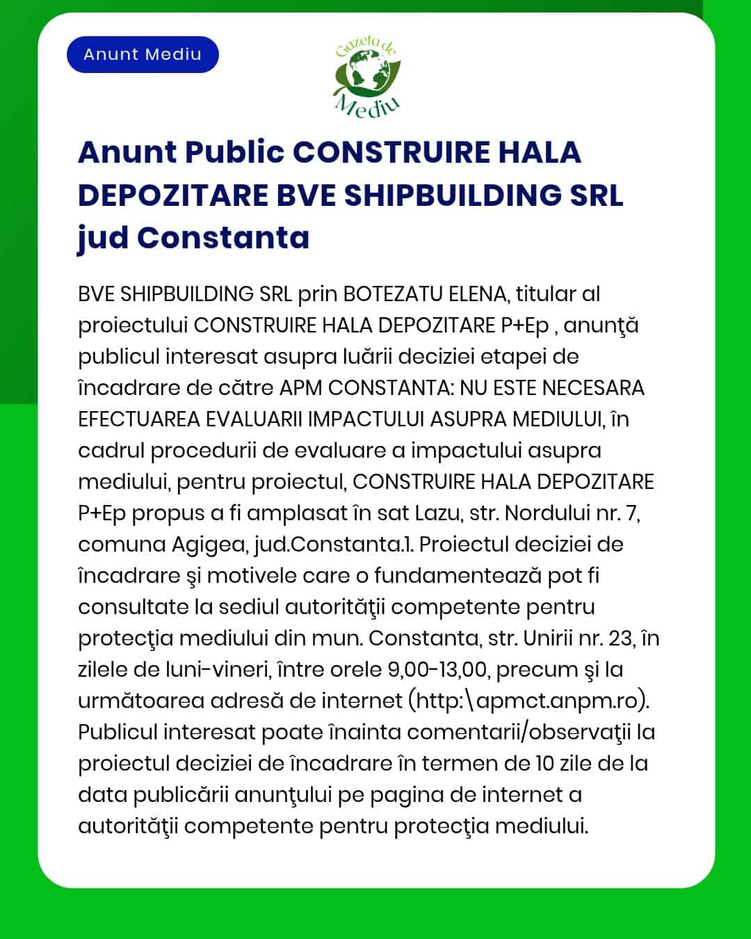 Anunț privind demararea evaluării impactului asupra mediului pentru construirea unui depozit în Agigea Constanța