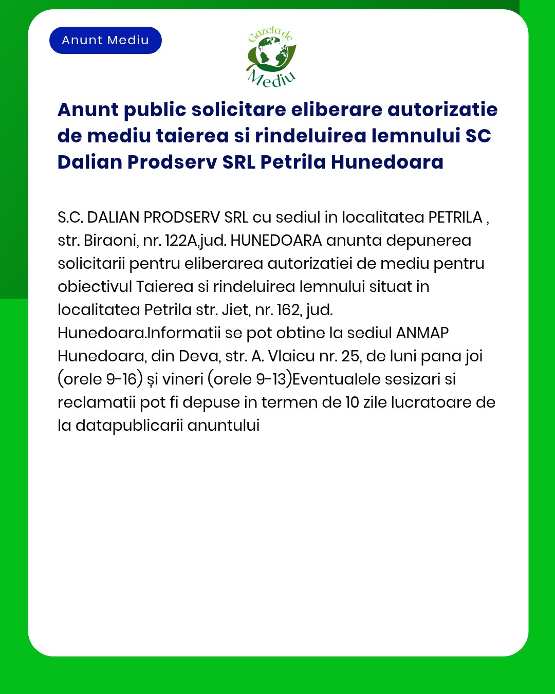 Anunt public solicitare eliberare autorizatie de mediu taierea si rind