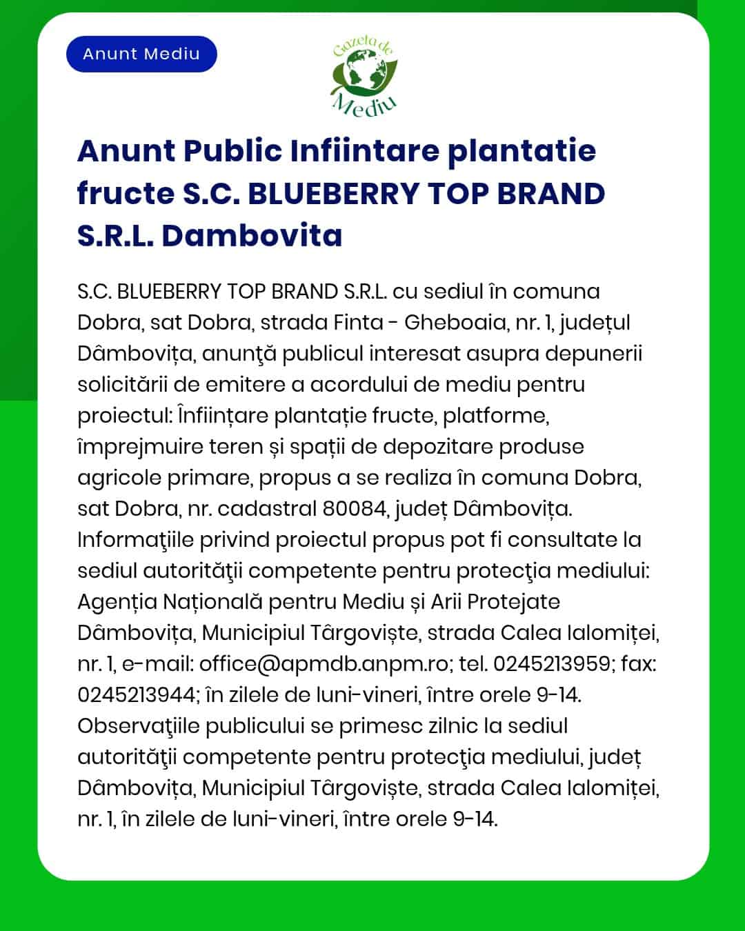 SC BLUEBERRY TOP BRAND SRL notifică intenția de înființare plantație afin în localitatea Dobra județul Dâmbovița
