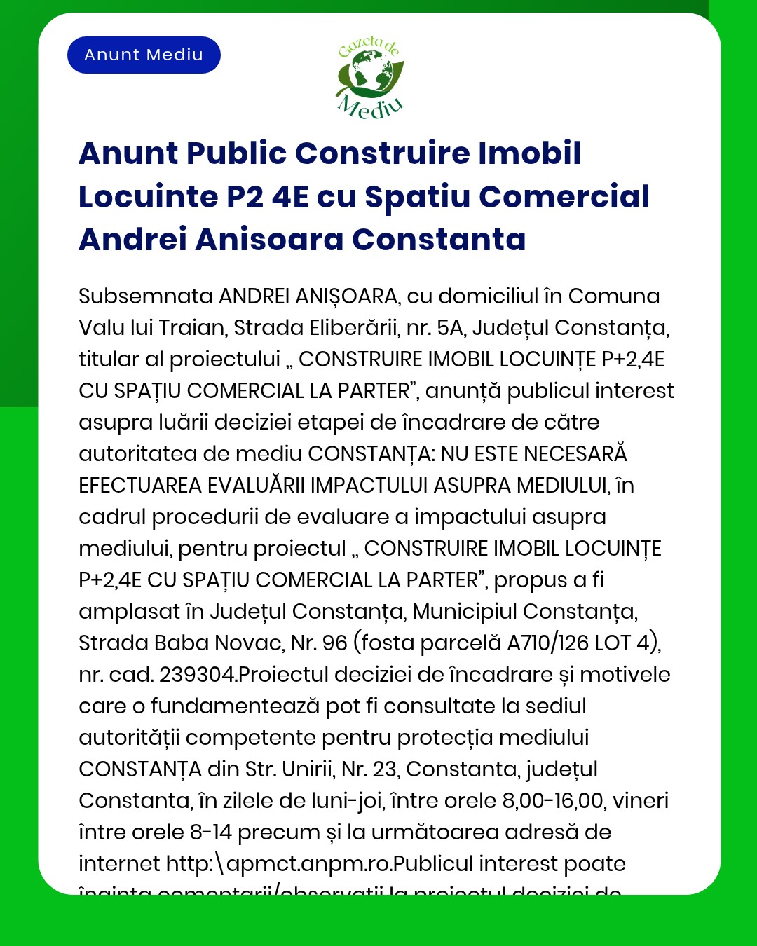 Anunt Public Construire Imobil Locuinte P2 4E cu Spatiu Comercial Andr