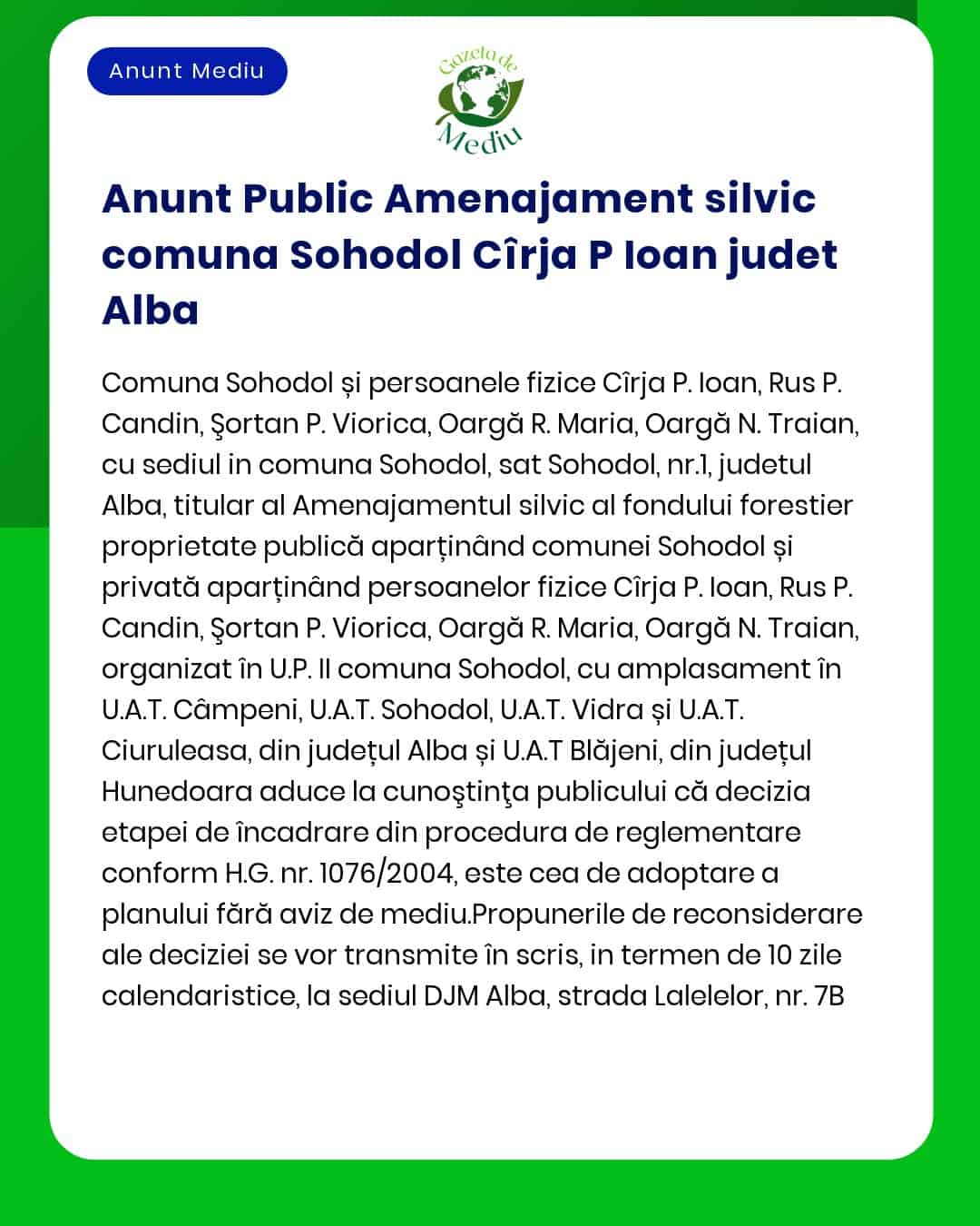 Anunt Public Amenajament silvic comuna Sohodol Cîrja P Ioan judet Alba