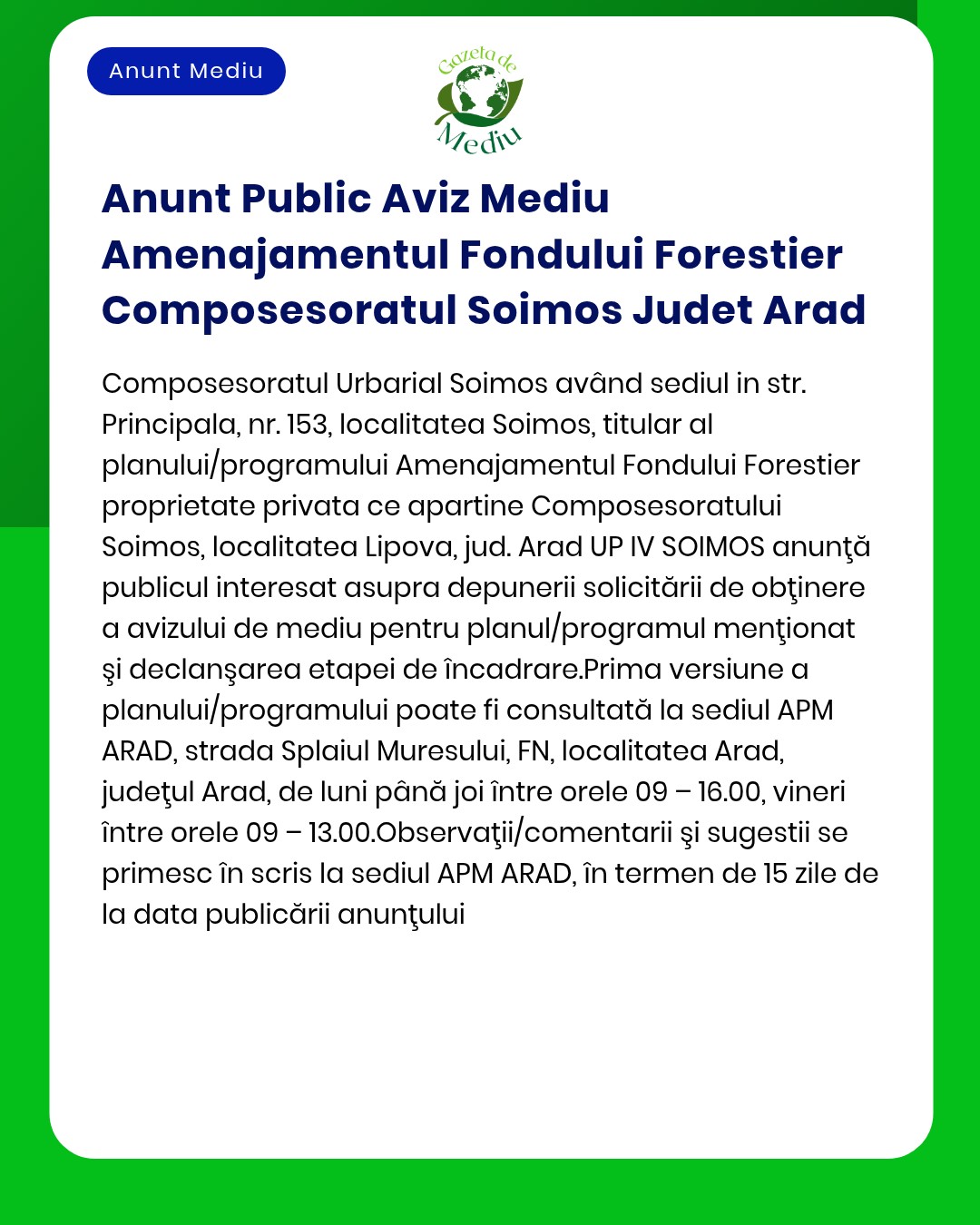 Anunt Public Aviz Mediu Amenajamentul Fondului Forestier Composesoratu