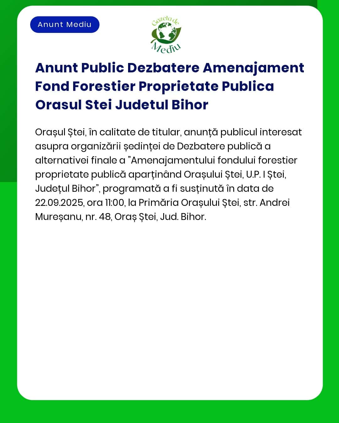 Anunt Public Dezbatere Amenajament Fond Forestier Proprietate Publica