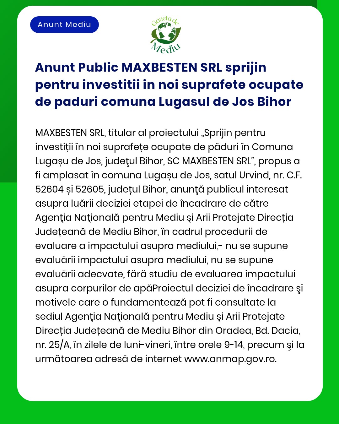 Anunt Public MAXBESTEN SRL sprijin pentru investitii in noi suprafete