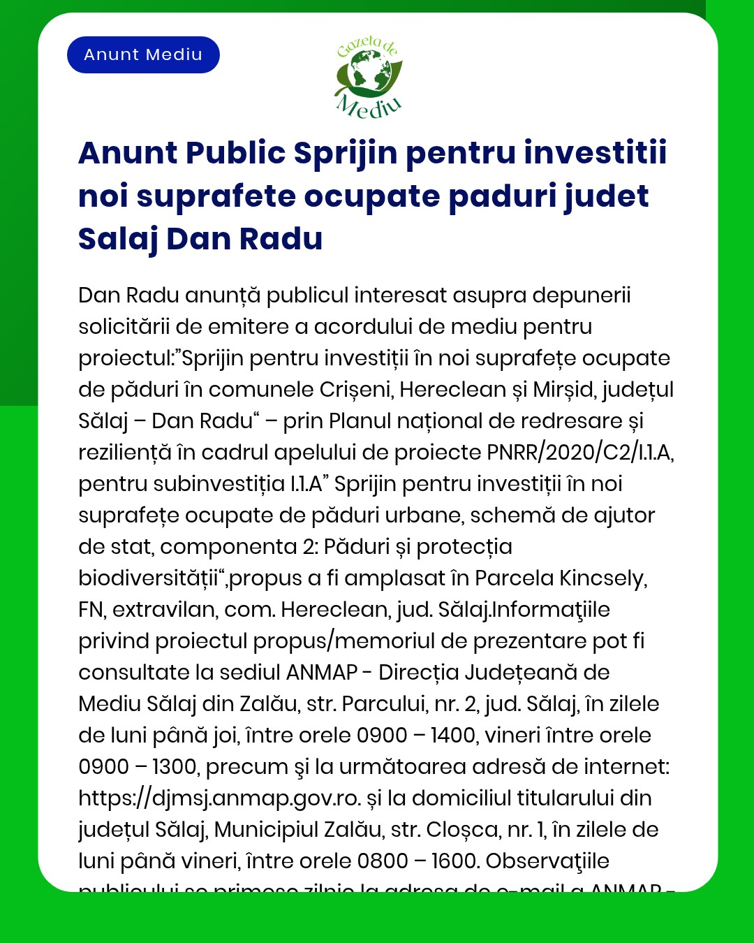 Anunt Public Sprijin pentru investitii noi suprafete ocupate paduri ju