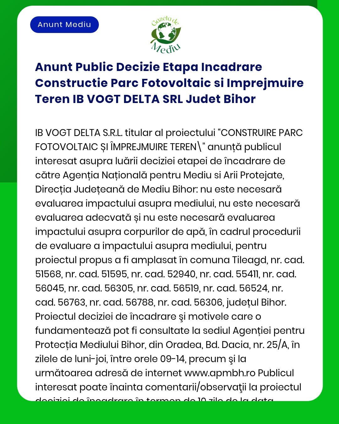 Anunt Public Decizie Etapa Incadrare Constructie Parc Fotovoltaic si I