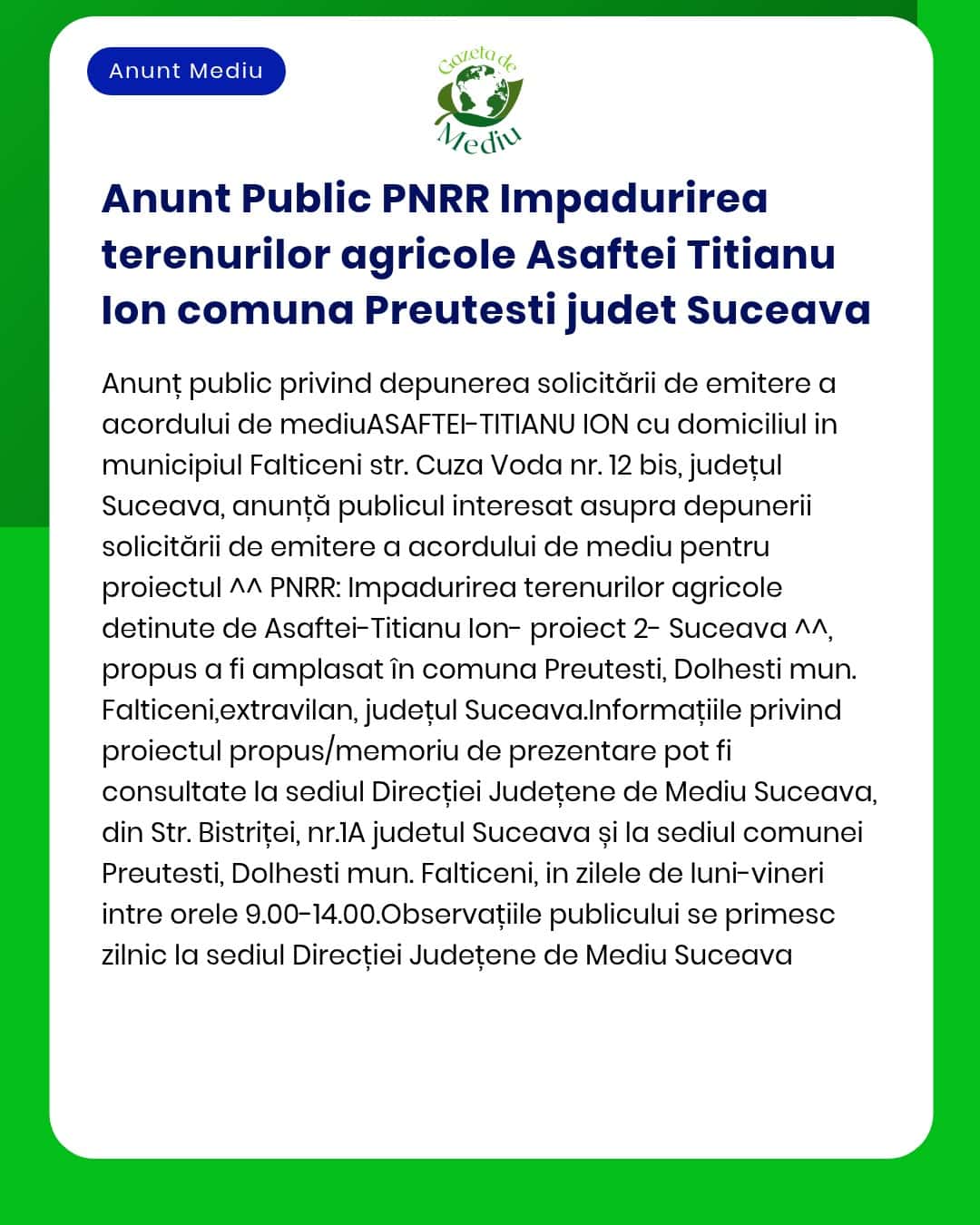 Anunt Public PNRR Impadurirea terenurilor agricole Asaftei Titianu Ion