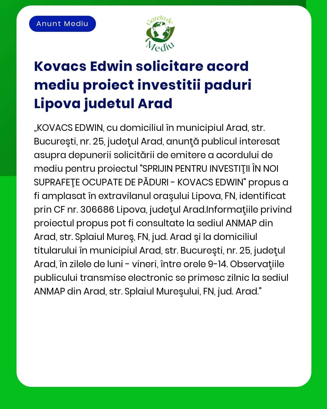Kovacs Edwin solicitare acord mediu proiect investitii paduri Lipova j