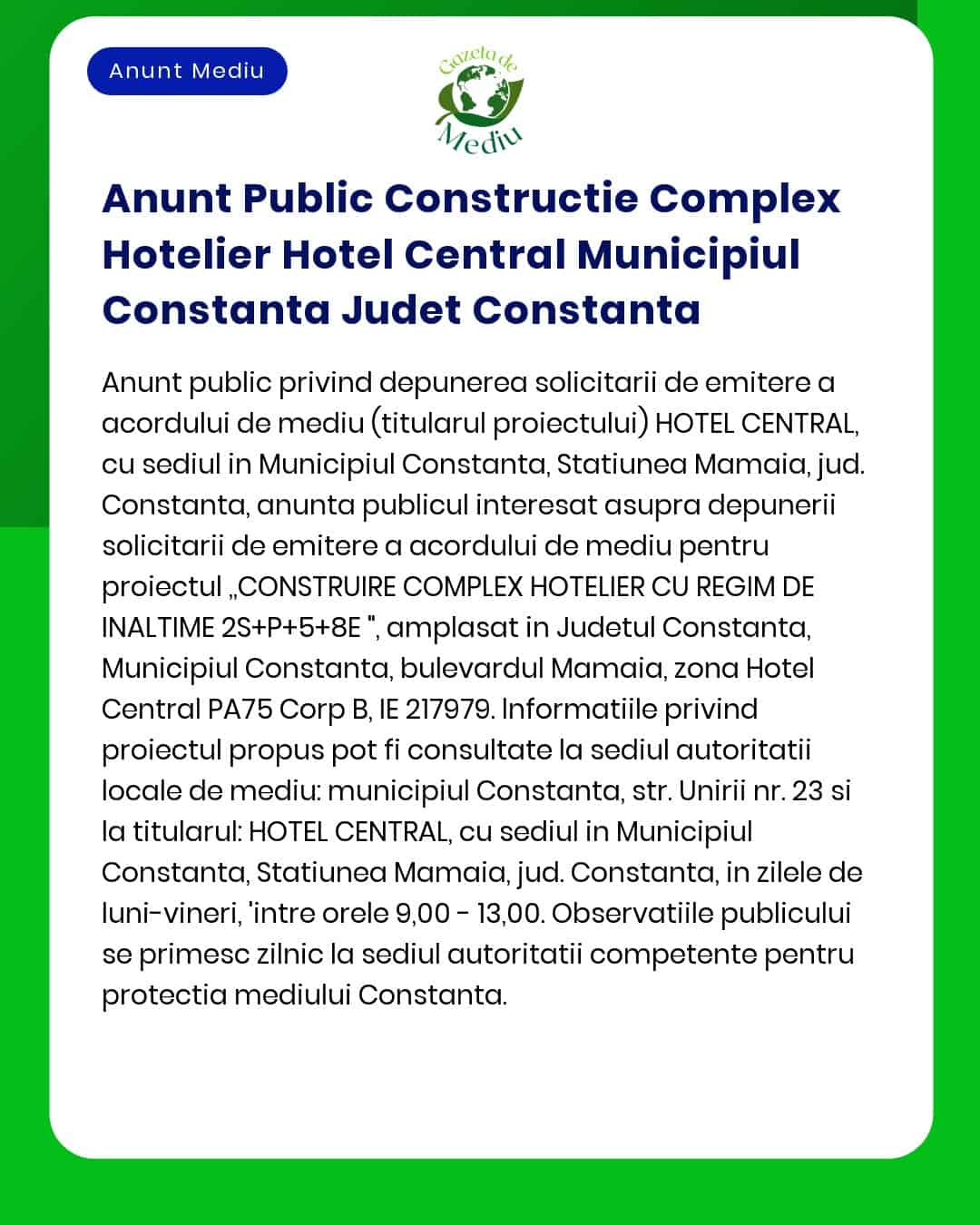 Anunt Public Constructie Complex Hotelier Hotel Central Municipiul Con
