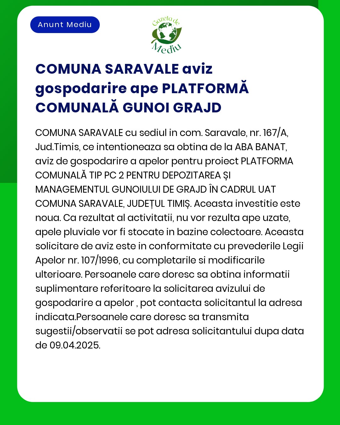 Platformă comunală pentru gestionarea deșeurilor din gospodăriile agricole în Comuna Saravale detalii despre intențiile de proiect conformitatea legală și reglementările de mediu