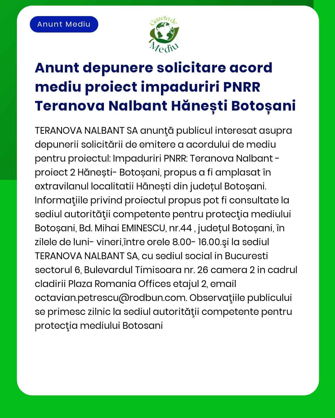 Anunt depunere solicitare acord mediu proiect impaduriri PNRR Teranova