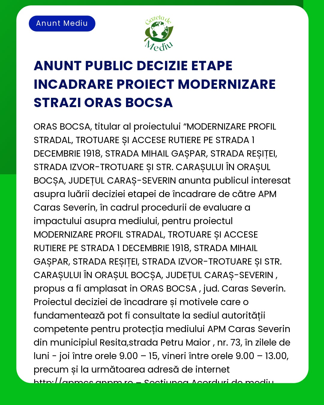 Proiect modernizare drum în Bocșa detalii despre planificare și etapele decizionale