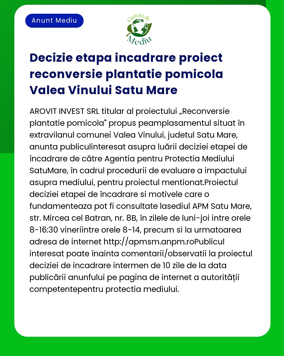 Decizie etapa incadrare proiect reconversie plantatie pomicola Valea V