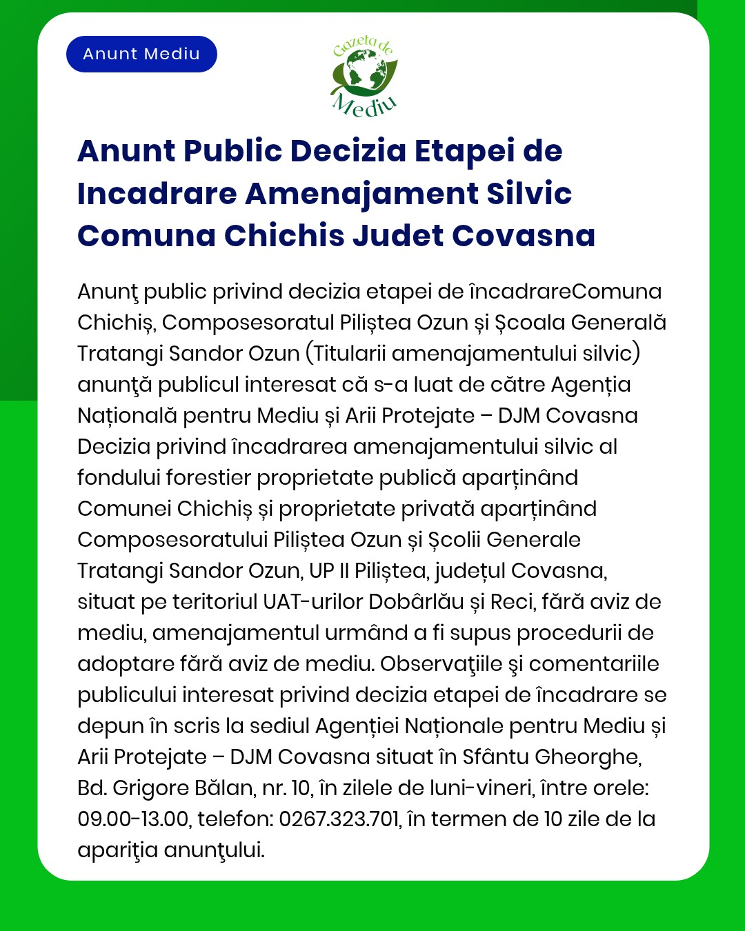 APM aduce la cunoștință publicului etapele parcurse în procesul de înregistrare a proprietății forestiere din comuna Chichiș județul Covasna
