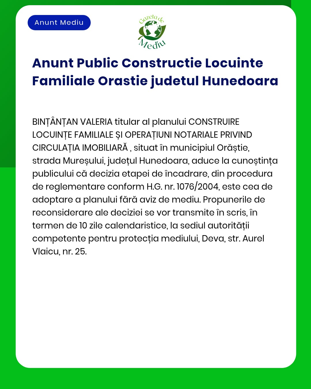 Anunț privind construcția locuințelor familiale și operațiuni notariale din Orăștie județul Hunedoara