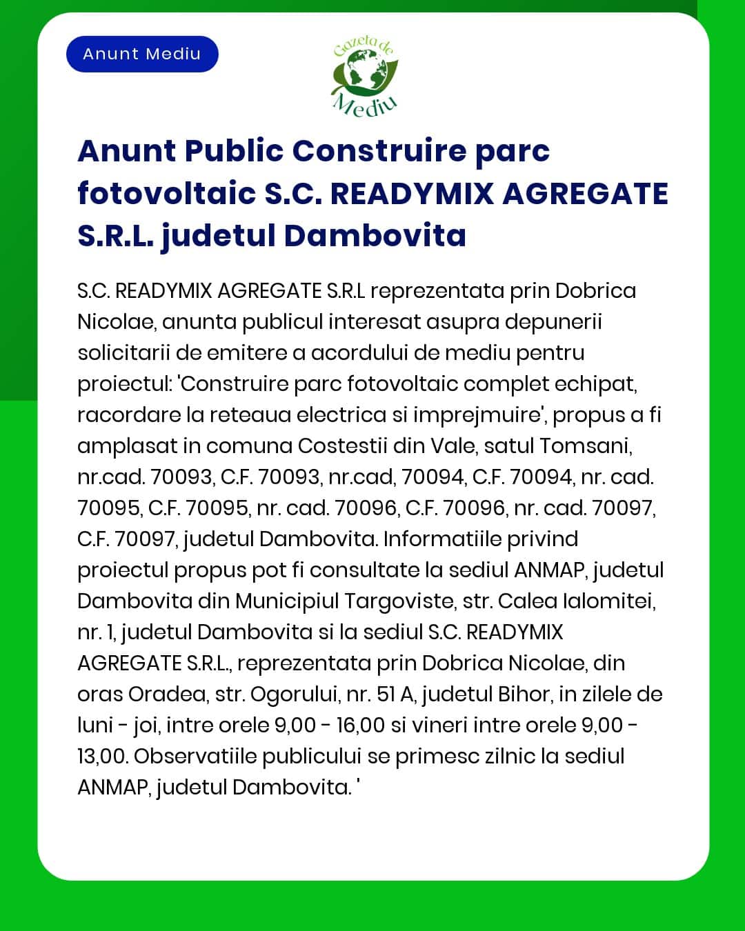 Proiect Parc fotovoltaic Titular SC Readymix Agregate SRL Județul Dâmbovița