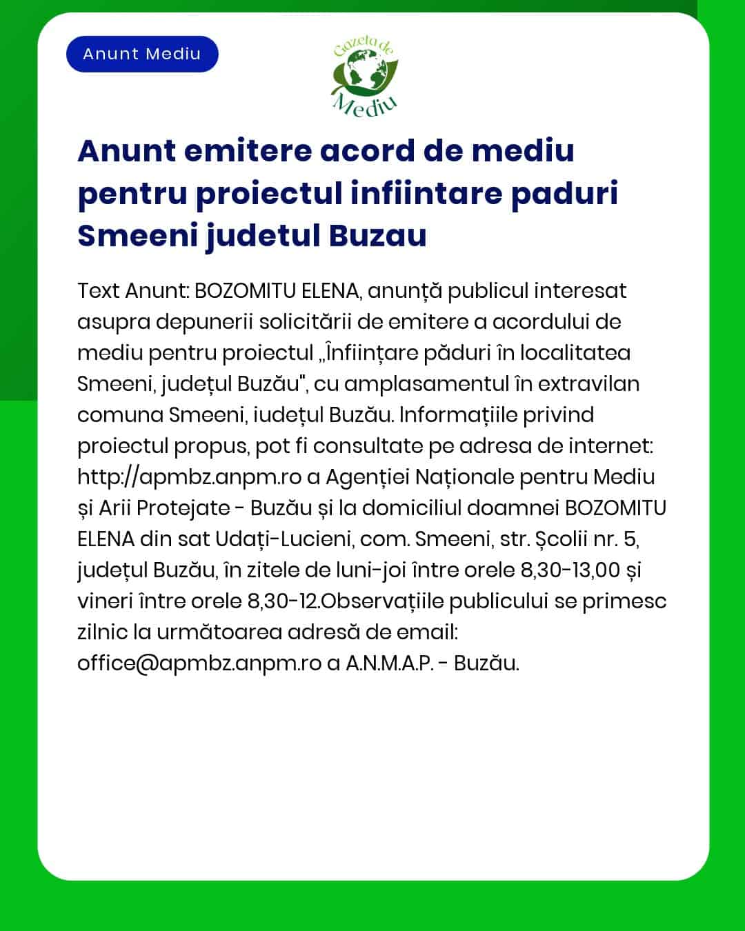 Anunt emitere acord de mediu pentru proiectul infiintare paduri Smeeni