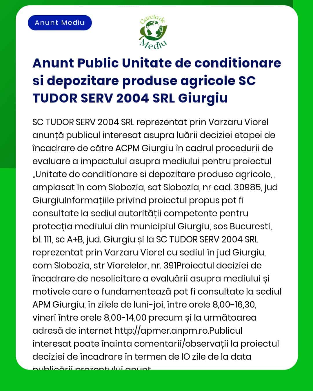 Anunt Public Unitate de conditionare si depozitare produse agricole SC