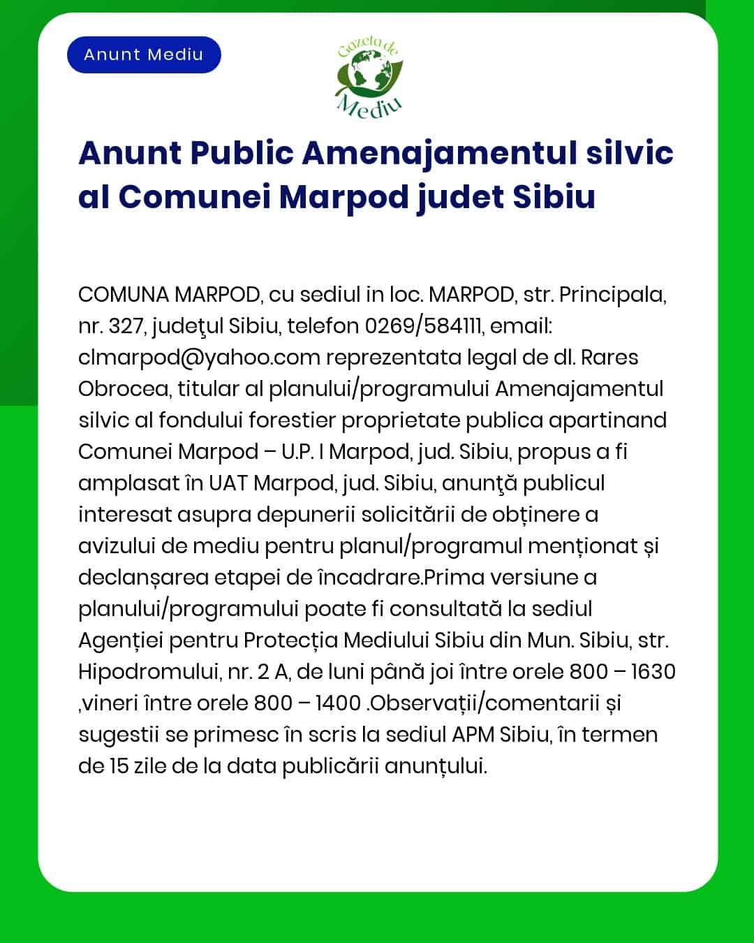 Anunt Public Amenajamentul silvic al Comunei Marpod judet Sibiu
