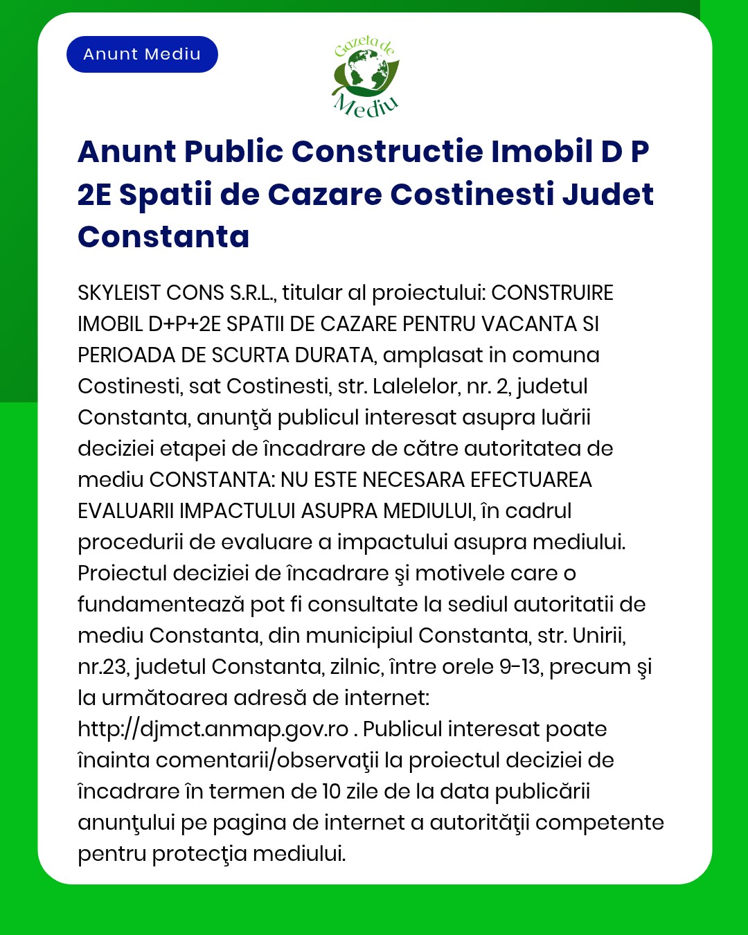 Construirea a doua corpuri de cazare provizorii in Costinesti judetul Constanta evaluarea impactului asupra mediului