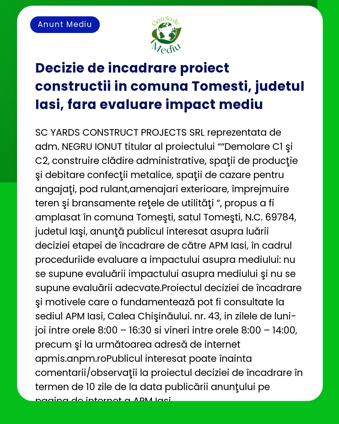 Decizie de incadrare proiect constructii in comuna Tomesti judetul Ia