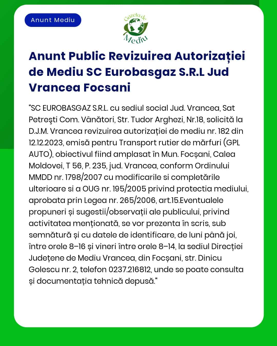 Anunt Public Revizuirea Autorizației de Mediu SC Eurobasgaz S.R.L Jud