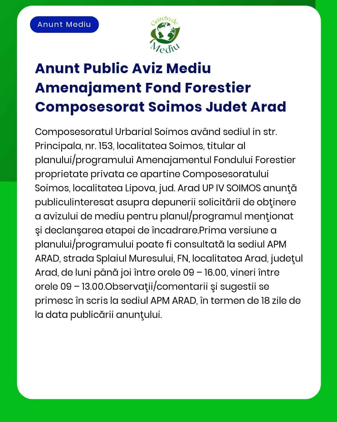 Anunt Public Aviz Mediu Amenajament Fond Forestier Composesorat Soimos