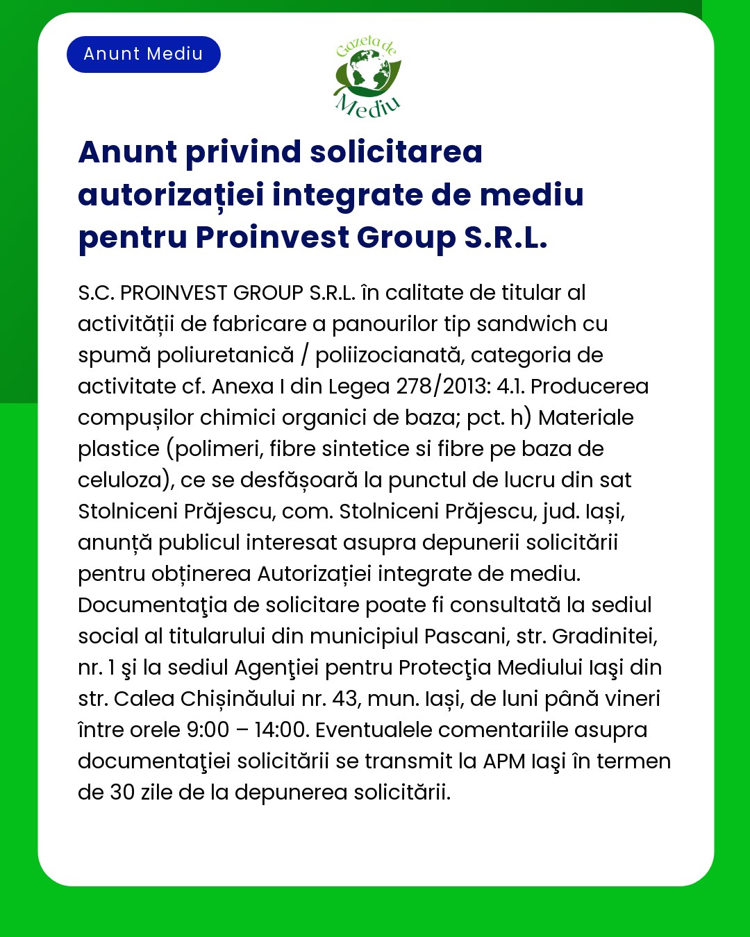 Anunt privind solicitarea autorizației integrate de mediu pentru Proin