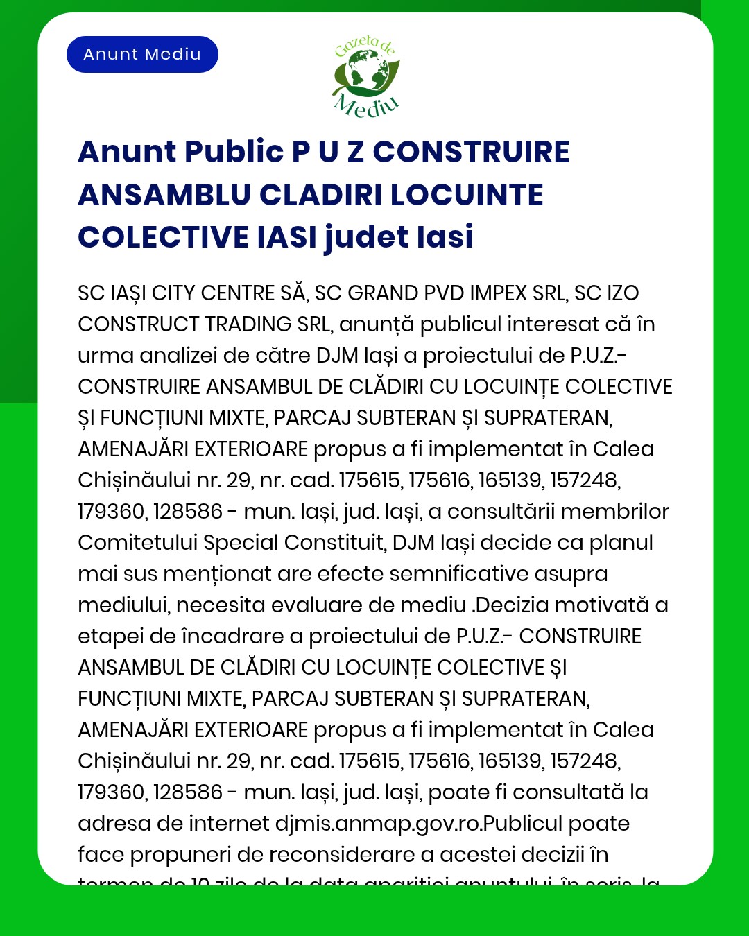 Anunț privind proiectul construire ansamblu de locuințe colective în județul Iași analiza proiectului și companiilor implicate