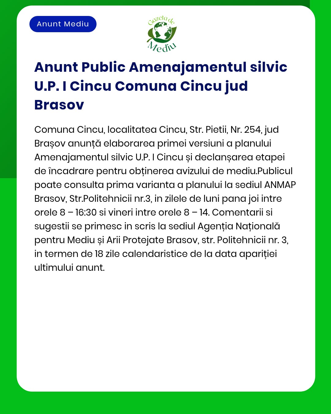 Amenajamentul silvic UP I Cincu Comuna Cincu jud Brașov
