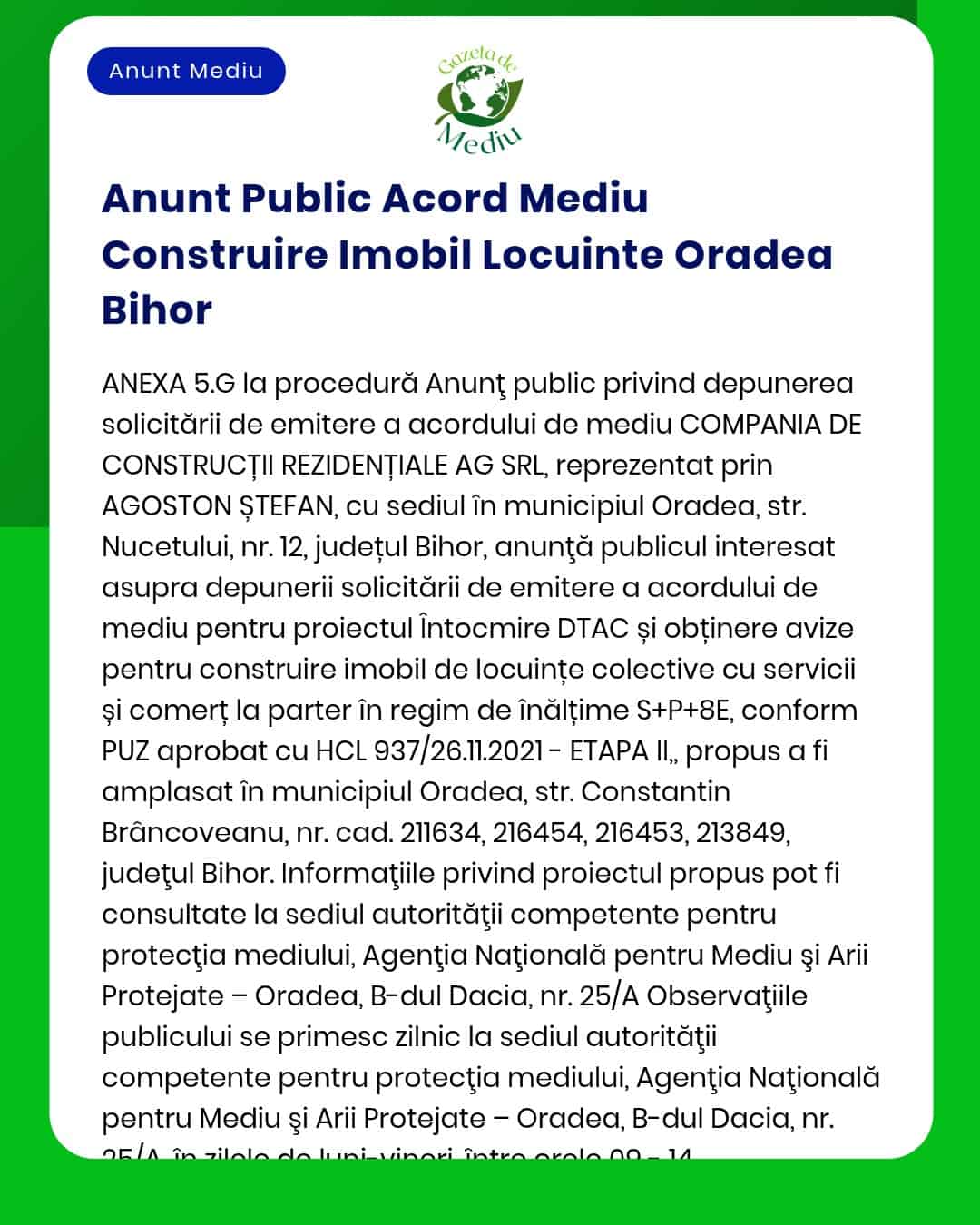 APM anunță emiterea acordului de mediu pentru construirea unui bloc de locuințe în Oradea județul Bihor