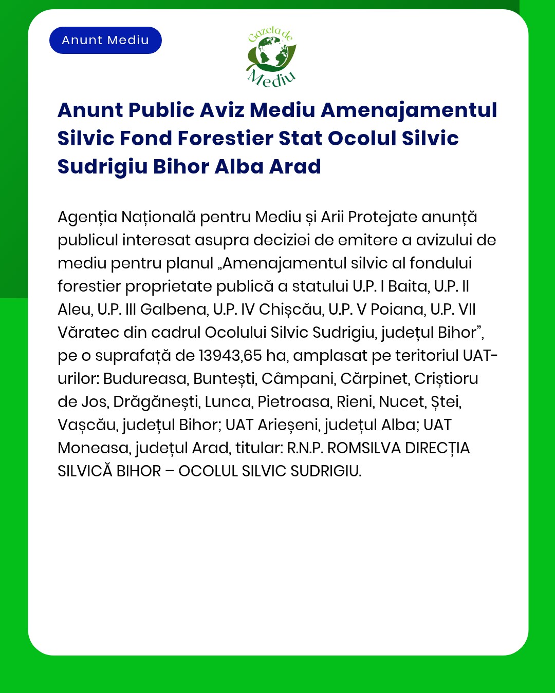 Anunt Public Aviz Mediu Amenajamentul Silvic Fond Forestier Stat Ocolu