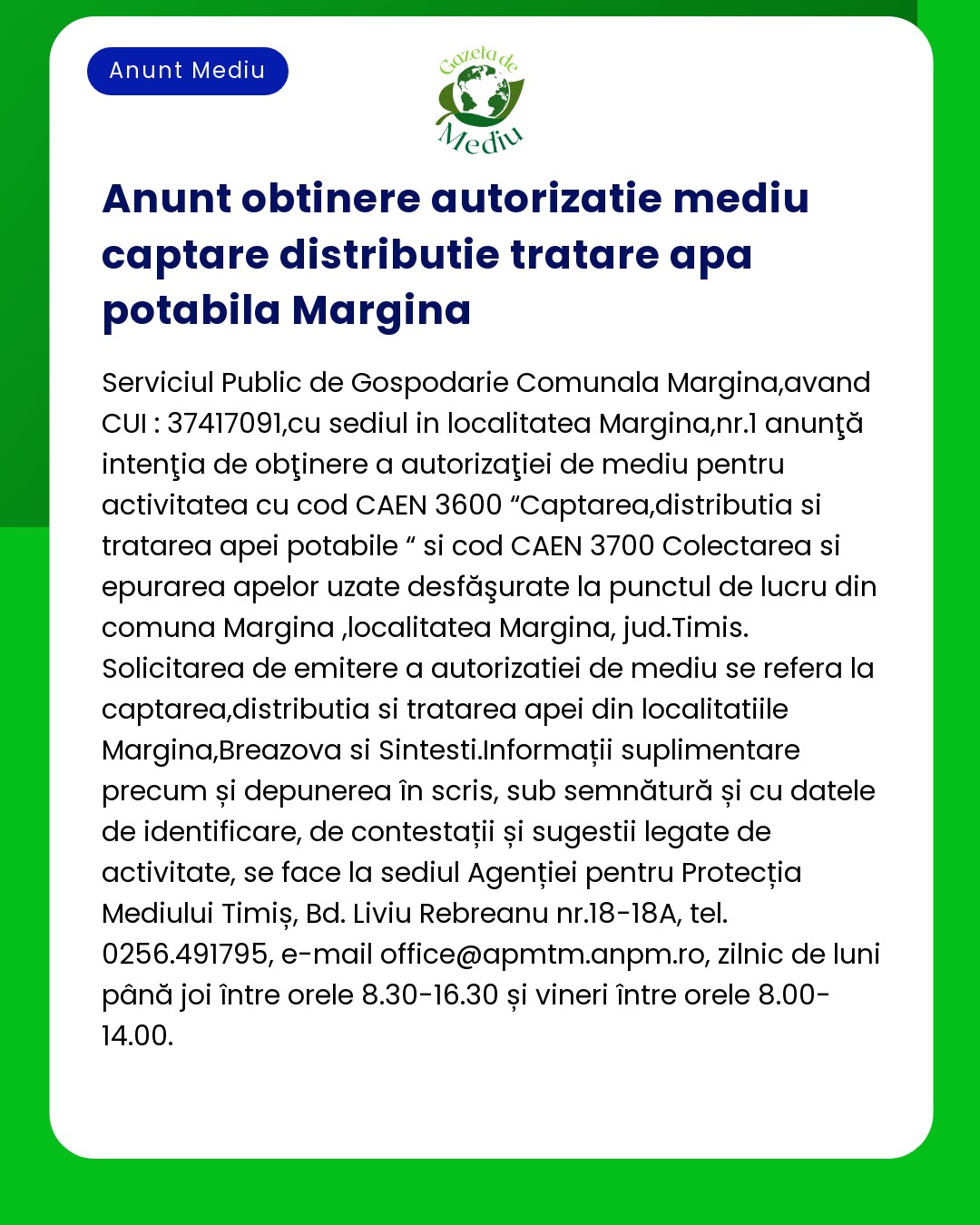 Promoțional pentru autorizarea de mediu în Margina România Include detalii despre servicii locale de tratare a deșeurilor