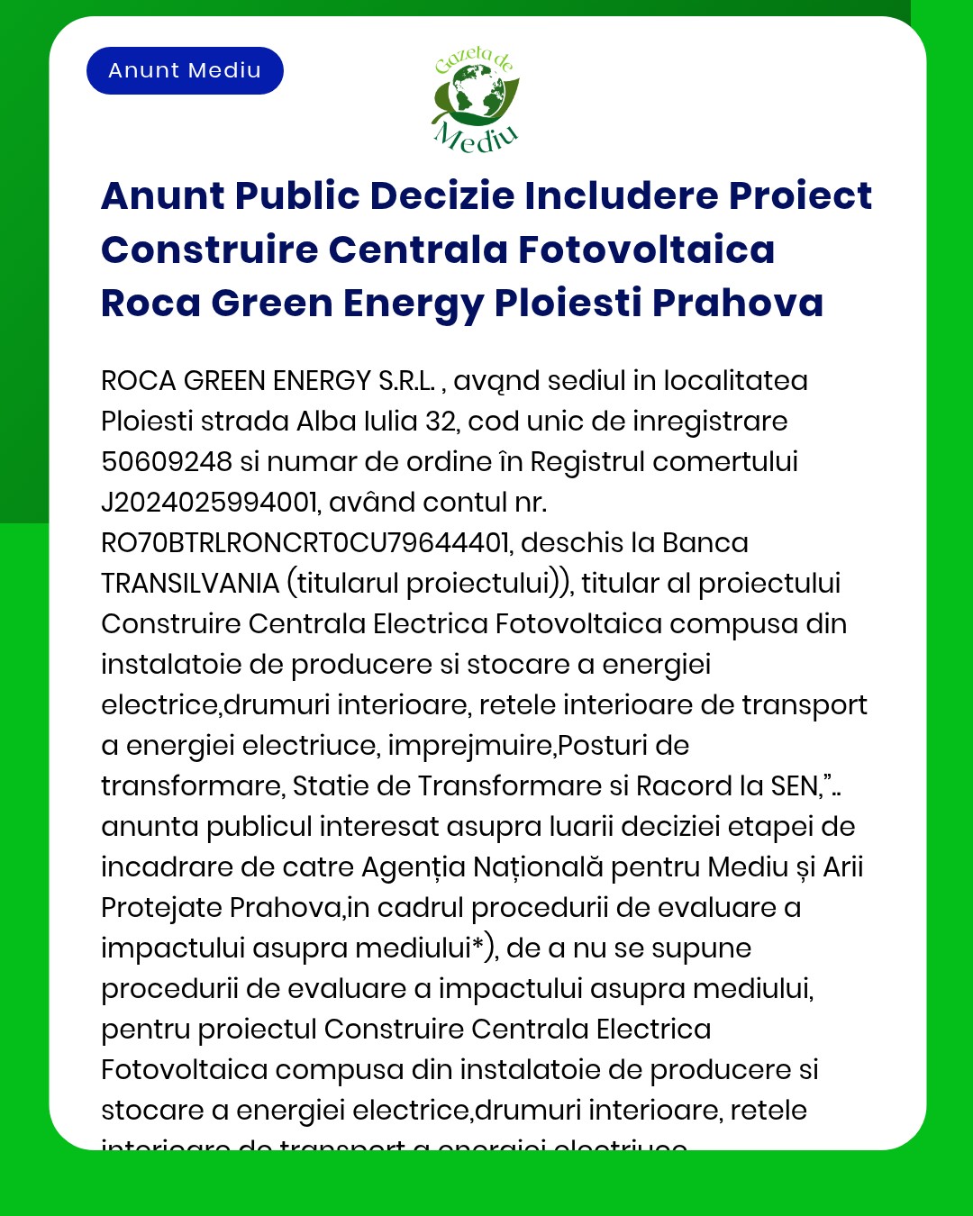 Anunt Public Decizie Includere Proiect Construire Centrala Fotovoltaic