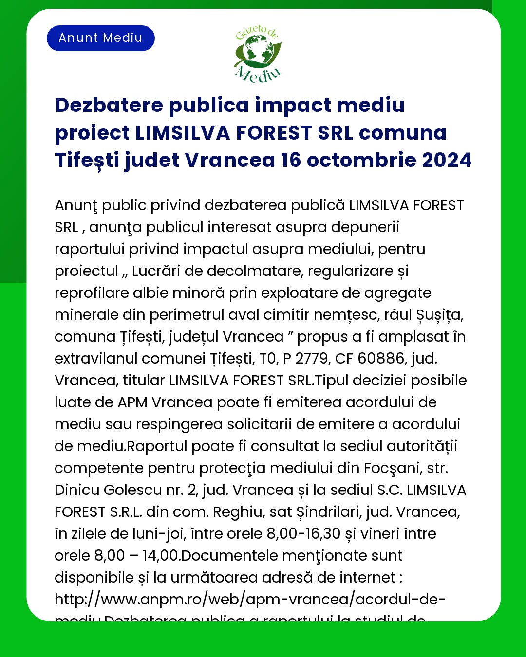 Dezbatere publica impact mediu proiect LIMSILVA FOREST SRL comuna Tife