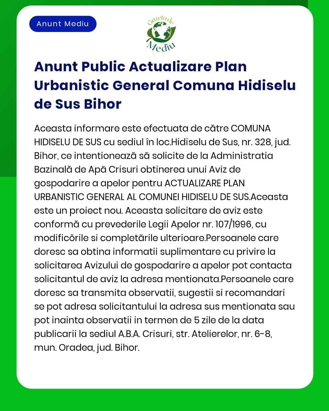Anunt Public Actualizare Plan Urbanistic General Comuna Hidiselu de Su