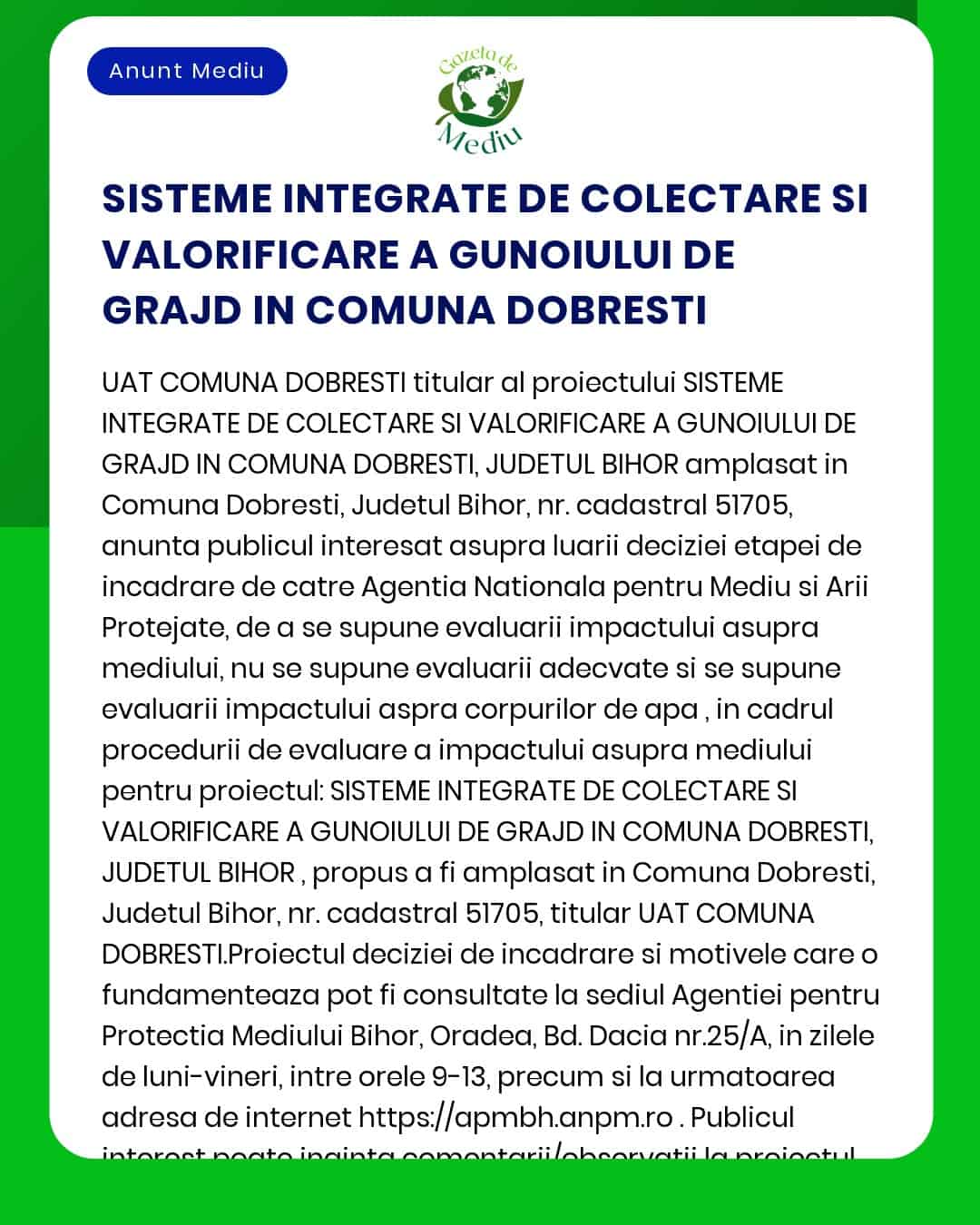 Sistem integrat de colectare și valorificare a gunoiului de grajd în comuna Dobrești județul Bihor QR cod pentru informații suplimentare