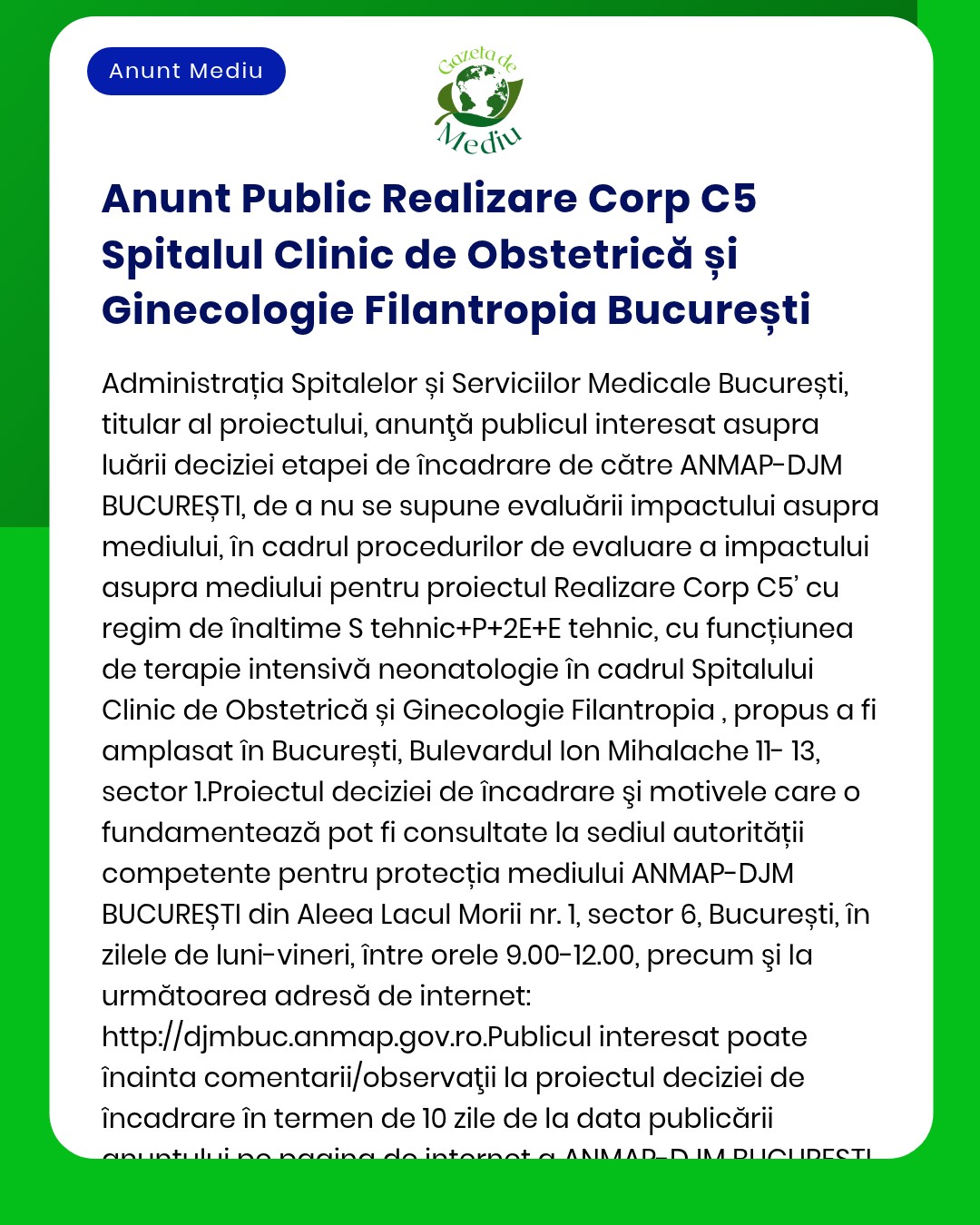 Anunț privind evaluarea impactului asupra mediului pentru clădirea Corp C5 la Clinica Obstetrică-Ginecologie Filantropia București
