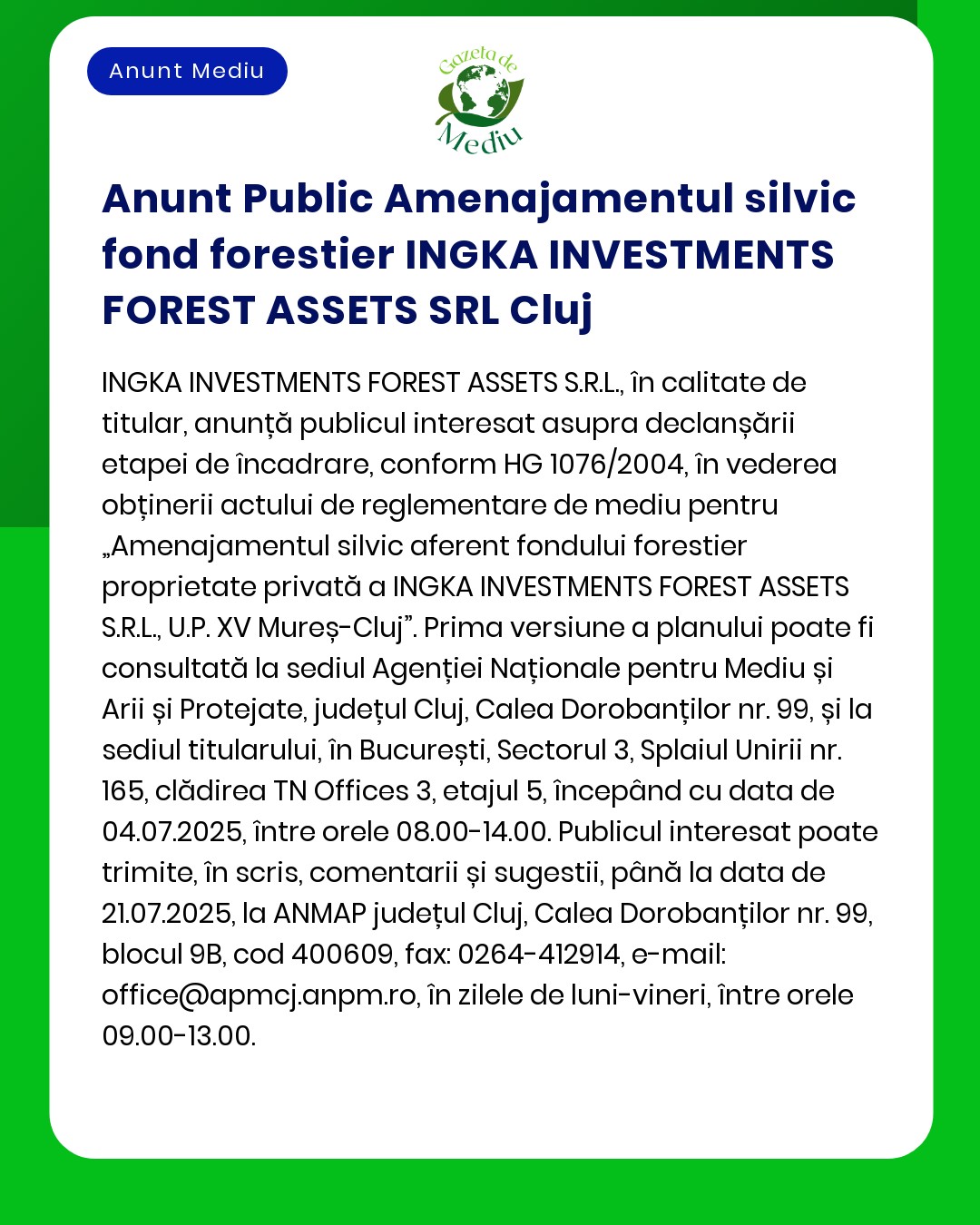 Anunt Public Amenajamentul silvic fond forestier INGKA INVESTMENTS FOR