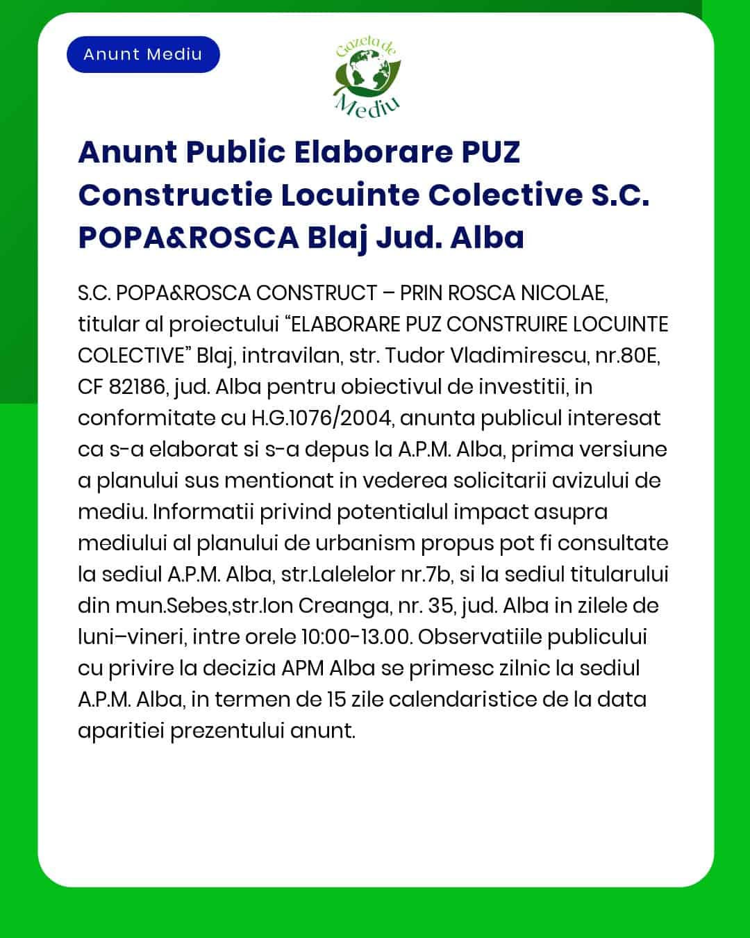 Anunt Public Elaborare PUZ Constructie Locuinte Colective S.C. POPA&RO