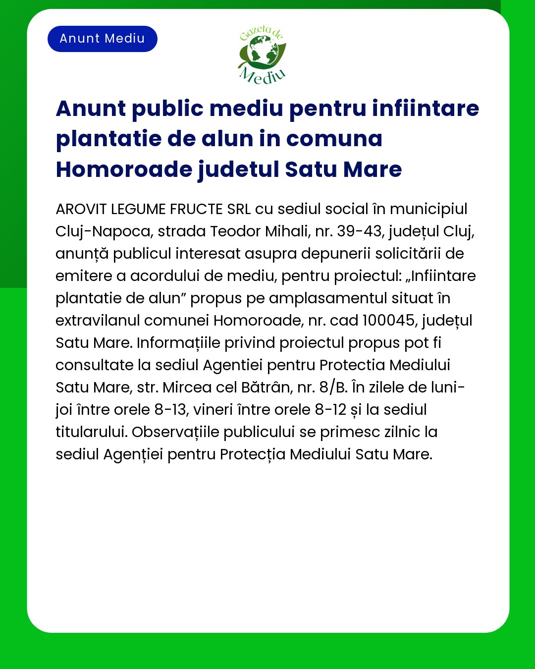 Anunt public mediu pentru infiintare plantatie de alun in comuna Homor