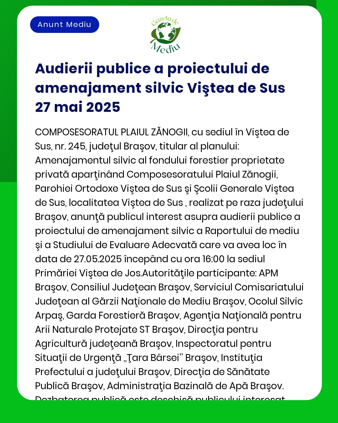 Anunț de audiere publică pentru proiectul silvic Viștea de Sus din 27 mai 2025 în care se detaliază compoziția și zonele de dezvoltare din județul Brașov