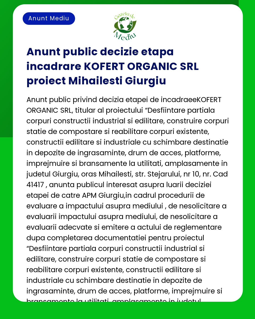 Anunț text despre proiectul KOFERȚ ORGANIC SRL din Mihăilești Giurgiu