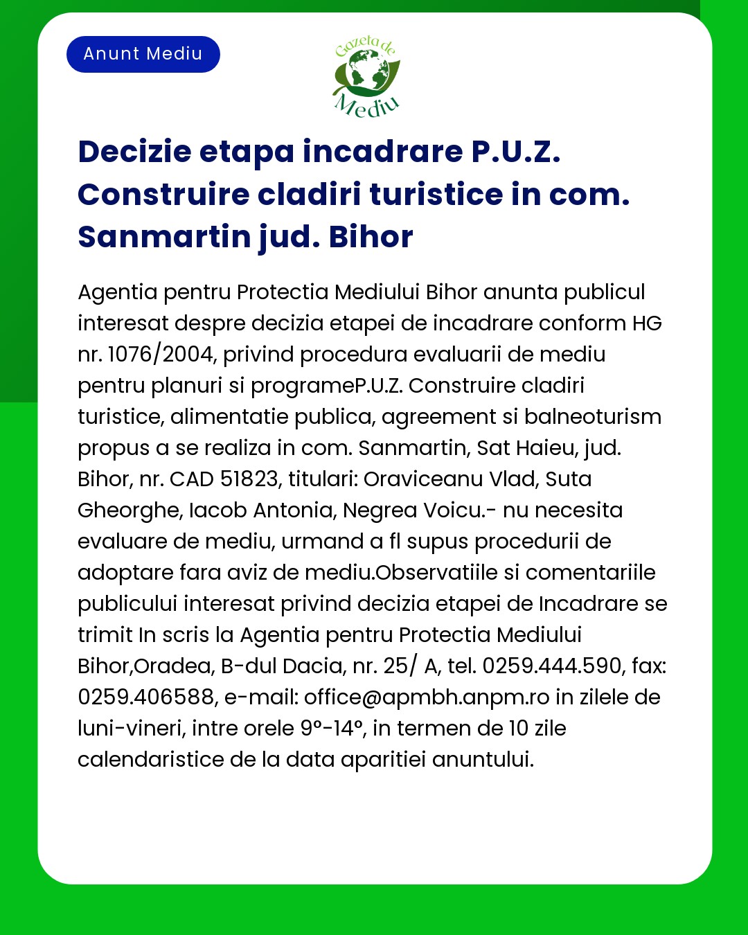 Solicitare aprobare Plan Urbanistic Zonal - construire imobile turistice in Sânmartin județul Bihor