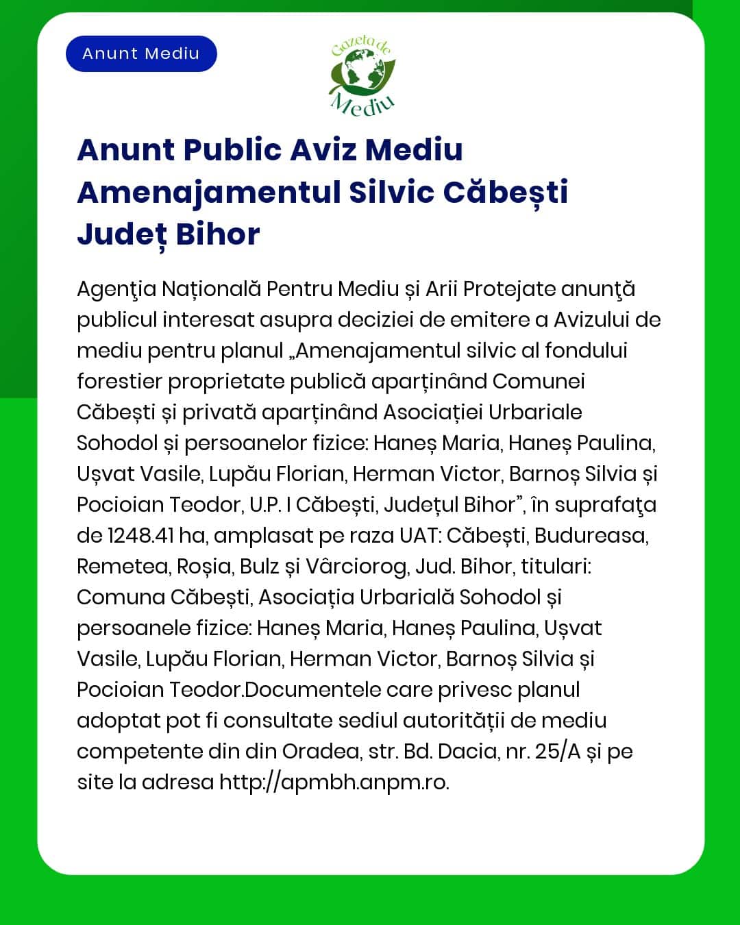 Anunt Public Aviz Mediu Amenajamentul Silvic Căbești Județ Bihor