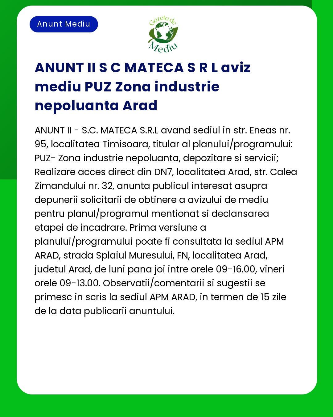 Anunț de consultare publică privind o zonă industrială din Arad Detaliile includ locația programul și informațiile de contact pentru întrebări suplimentare