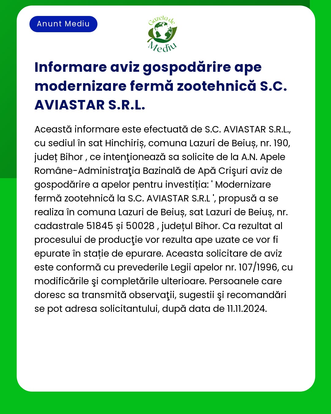 Aviz despre autorizația de gospodărire a apelor pentru SCAVIASTAR SRL în Bihor România care detaliază modernizarea zootehnică intenționată la o locație specificată