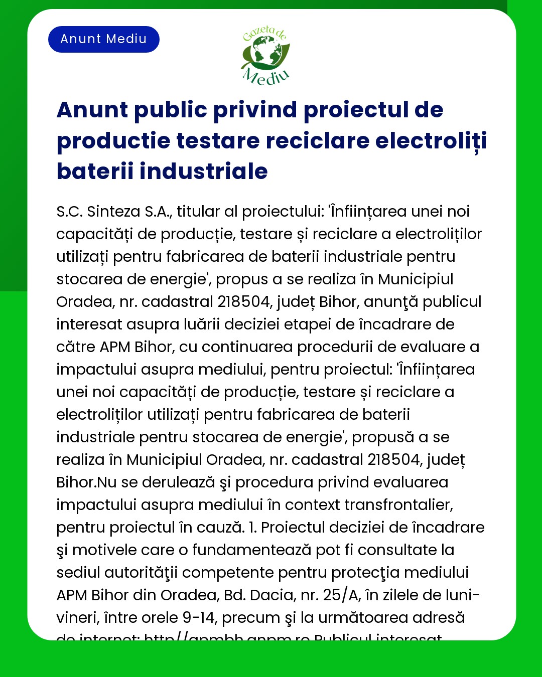 Anunț public despre un proiect de reciclare a bateriilor industriale electrice în Oradea județul Bihor Detaliază planurile de evaluare și dezvoltare către SC Sinteza SA